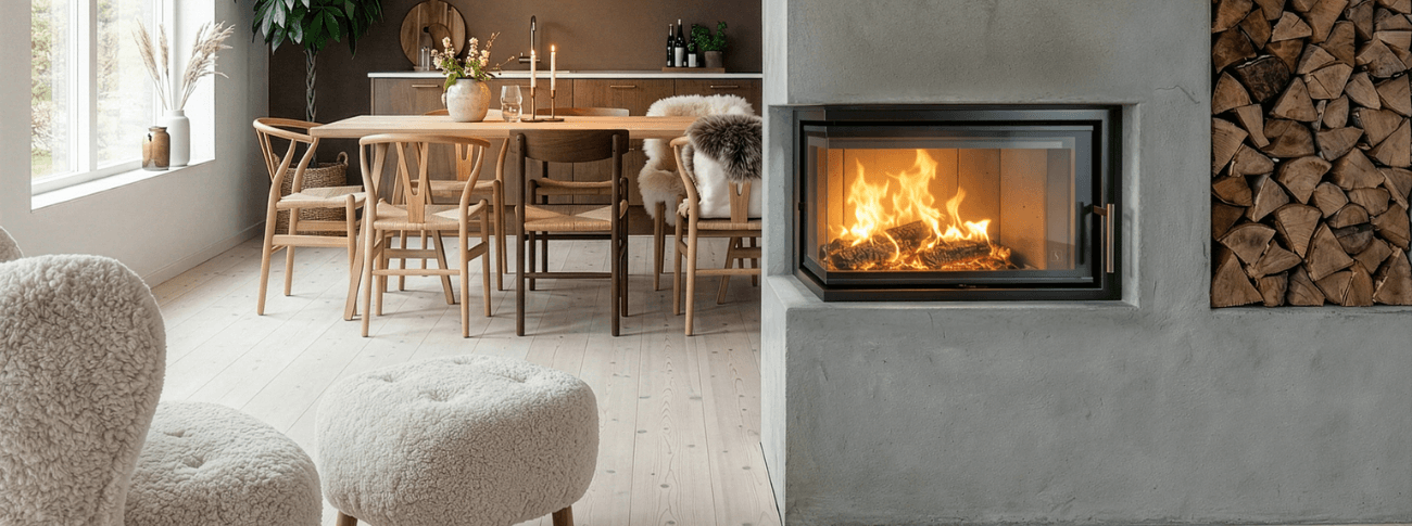 Inbouwhaard Scan 5107 FL met glas aan de voorzijde en linkerkant, geplaatst in een lichte Scandinavische woonkamer met modern interieur en geïntegreerde houtopslag.