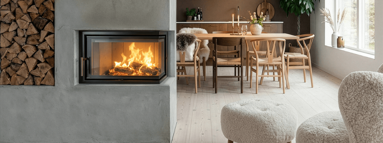 Inbouwhaard Scan 5107 FR met glas aan de voorzijde en rechterkant, geplaatst in een lichte Scandinavische woonkamer met modern interieur en houtopslag in een betonnen nis.